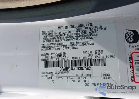 2012 Ford Fusion Sel z USA, uszkodzony, nr VIN 3FAHP0JA7CH387572